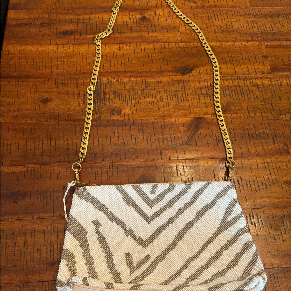 Beaded Zebra Print Bag with Chain Strap